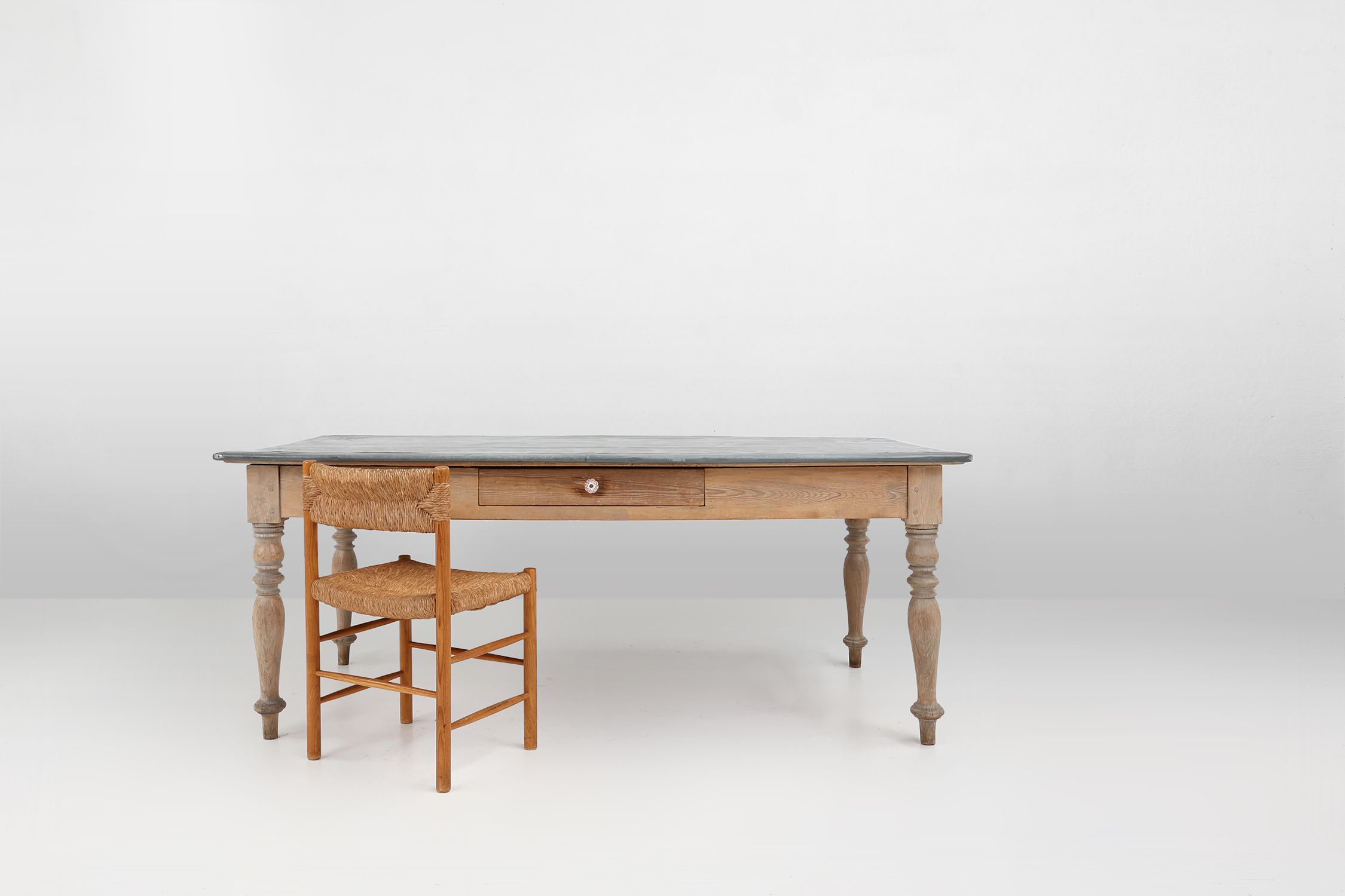 Rustic French pine wood dinner table with zinc top, ca. 1850thumbnail